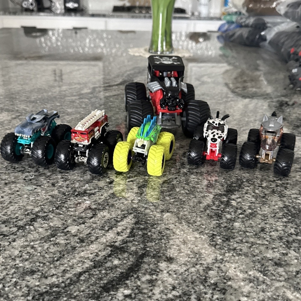 HOT WHEELS 1/24 "BONESHAKER" BLACK/RED MONSTER JAM DIECAST Plus 5 Smaller Trucks - Picture 10 of 12